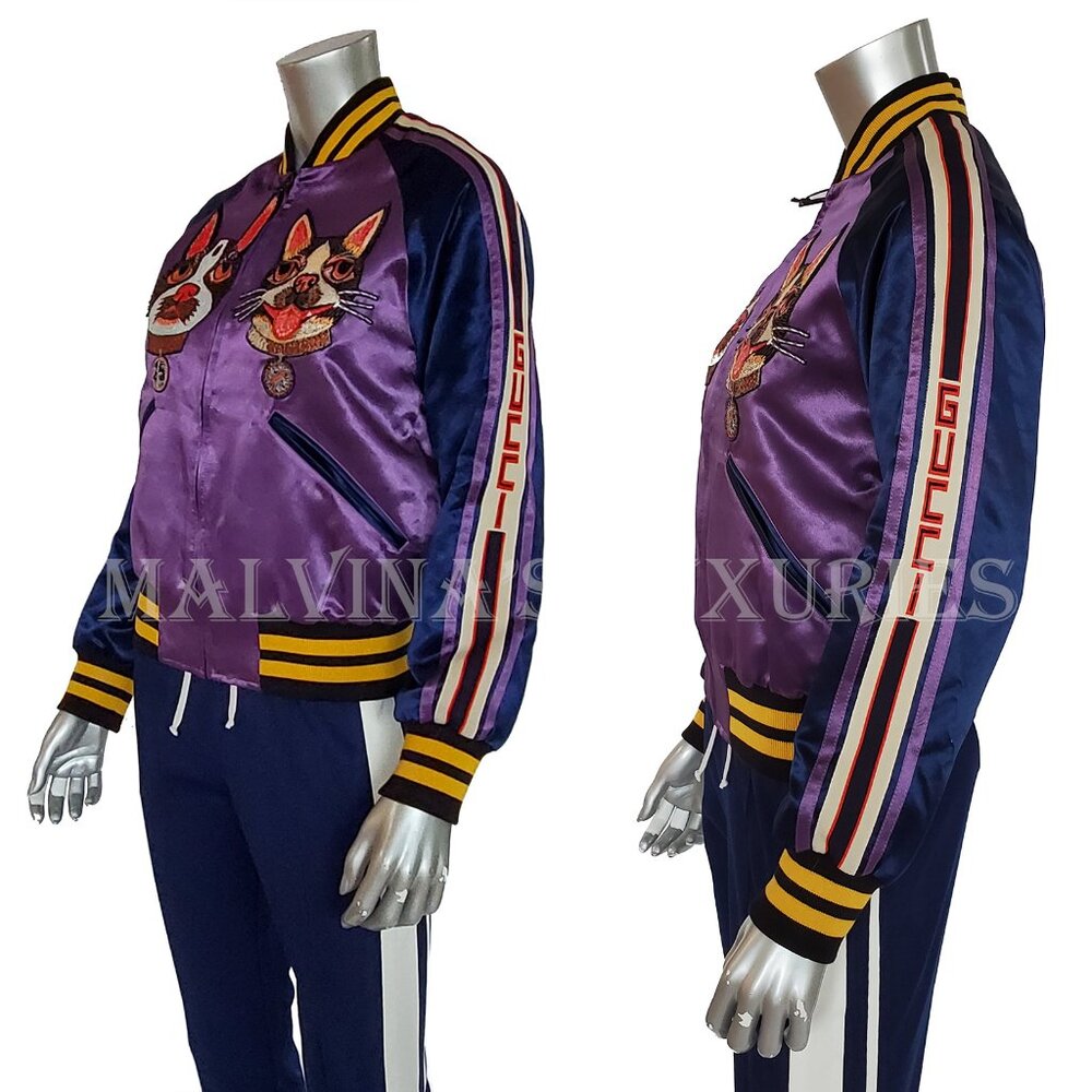 GUCCI JACKET BOMBER BOSCO ORSO PATCHES PURPLE SATIN w LOGO DETAIL - Picture 4 of 11